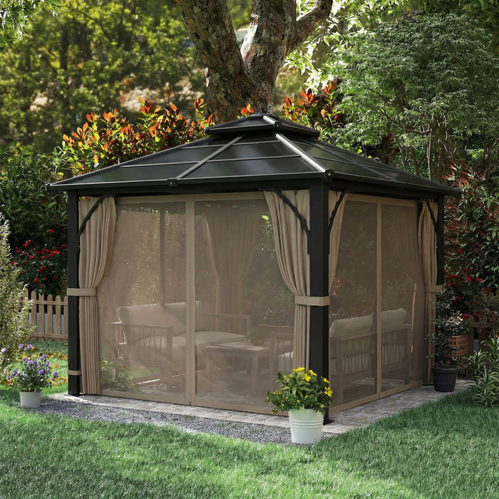 Outsunny 10' x 10' Hardtop Polycarbonate Gazebo with Curtains, Khaki