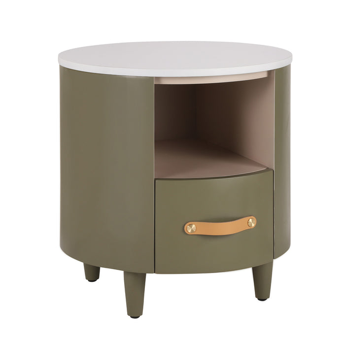Olivia Modern Curved Design Round Nightstand with Storage Drawer,Green