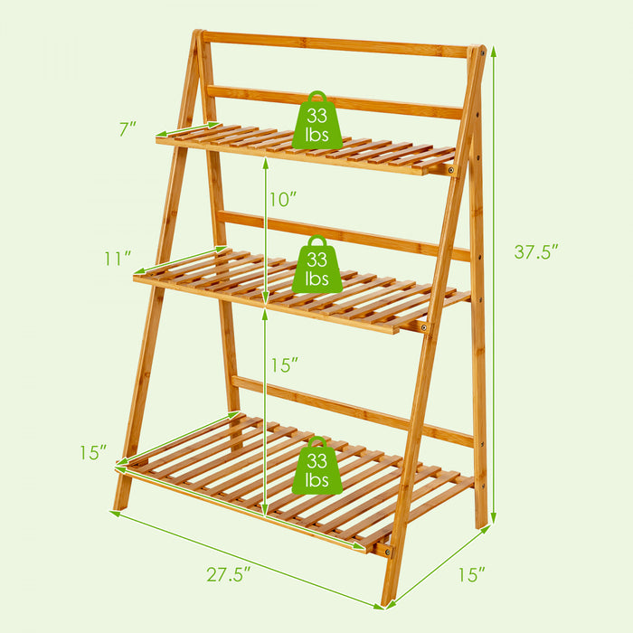 Costway Bamboo Ladder Plant Stand 3-tier Foldable Flower Pot Display Shelf Rack Natural