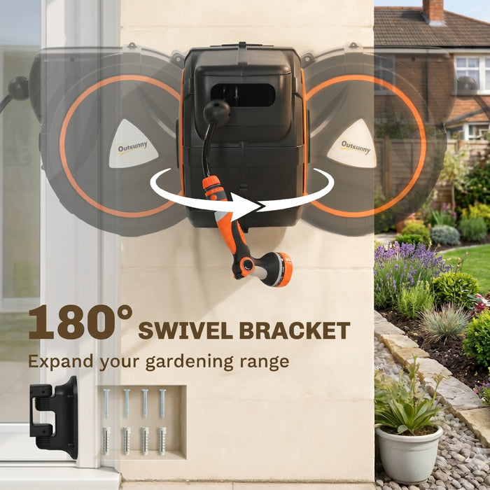 Outsunny Retractable Garden Hose Reel, 1/2\" x 75.5ft Wall Mounted Hose Reel with 12-Pattern Nozzles, Auto Retraction, Self-Locking, Slow Return System, 180° Swivel Bracket