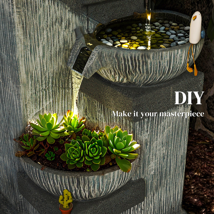Outsunny 4-Tier 33.5\" Outdoor Waterfall Fountain with LED Lights, Pump Grey