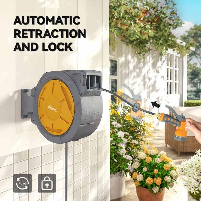 Outsunny Retractable Garden Hose Reel, 1/2 in x 100ft Wall Mounted Water Hose Reel with 7- Function Sprayer Nozzle, Auto Rewind, Any Length Lock, 180° Swivel Bracket, Orange