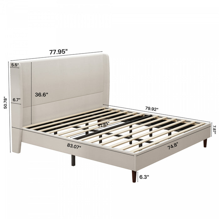 Harper Upholstered King Bed Frame with High Headboard, Chenille Fabric - Beige