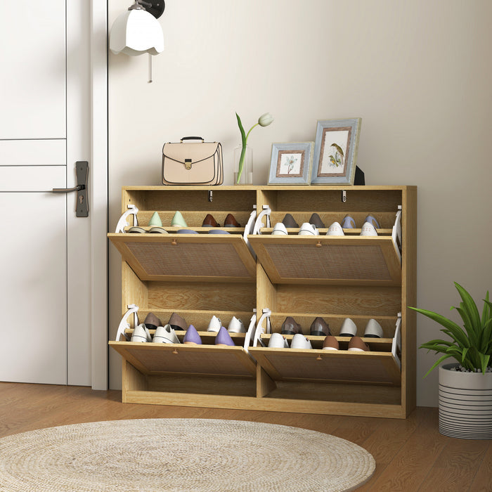 HOMCOM Narrow Shoe Cabinet with 4 Flip Drawers for Entryway Hallway Oak