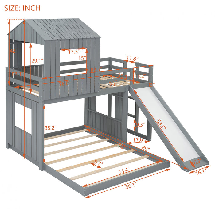 Marico Twin Over Solid Wood Full Bunk Bed With Slide, Playhouse Design, Grey