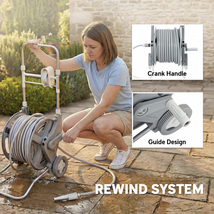 Outsunny Garden Hose Reel Cart with Wheels, 1/2\" x 148ft Water Hose Reel Cart with 2 Patterns Nozzle, Faucet Adaptors and Rewind Handle for Outdoor Patio Watering, Cleaning, Grey