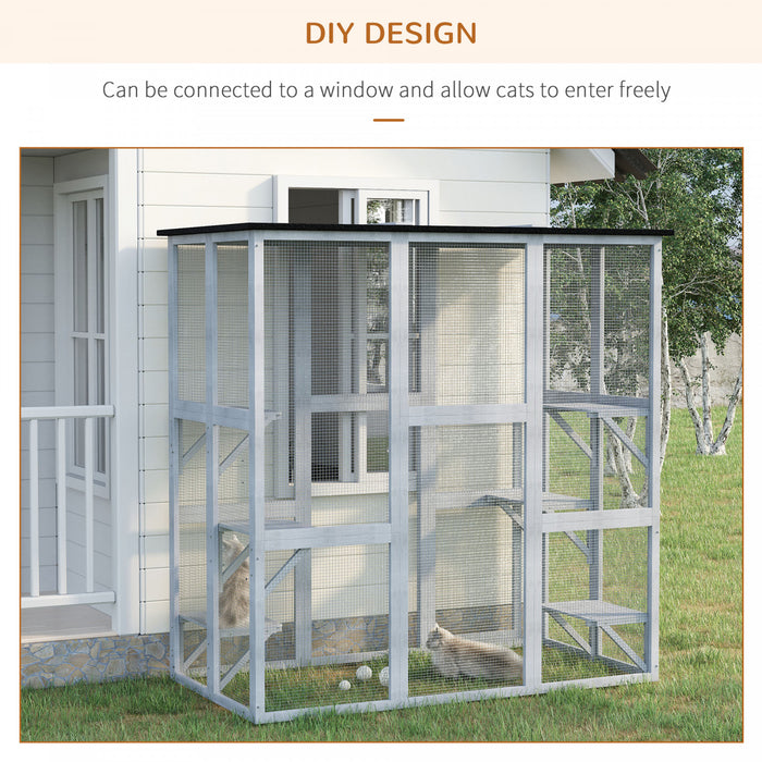 Pawhut Large Outdoor Catio Enclosure, Weatherproof Cat House With Asphalt Roof, Wooden Cat Patio Cage With 6 Balanced Platforms, 71\" X 39\" X 71\", Grey