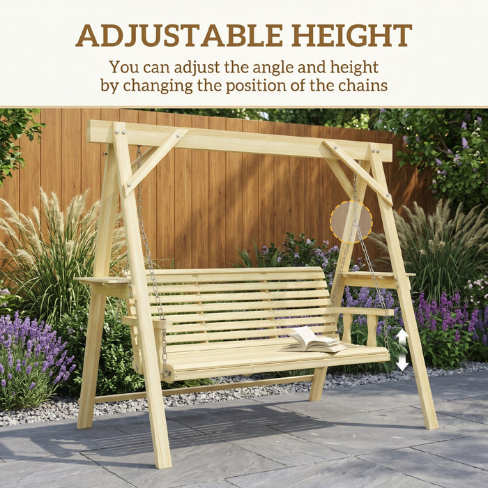 Outsunny 3 Seat Porch Swing with Stand and Side Tables, Natural Wood