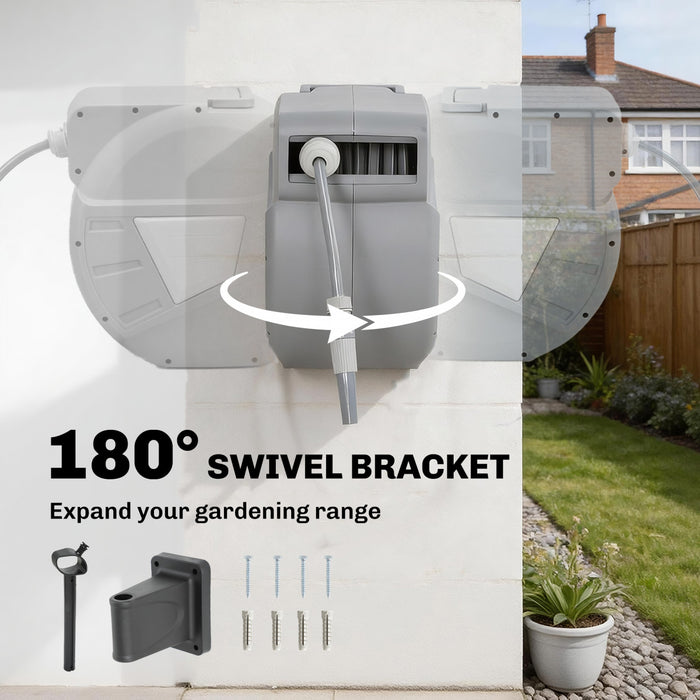Outsunny Retractable Garden Hose Reel, 1/2\" x 98ft Wall Mounted Hose Reel with Auto Retraction, Self-Locking, Slow Return System, 180° Swivel Bracket and 2 Patterns Nozzle