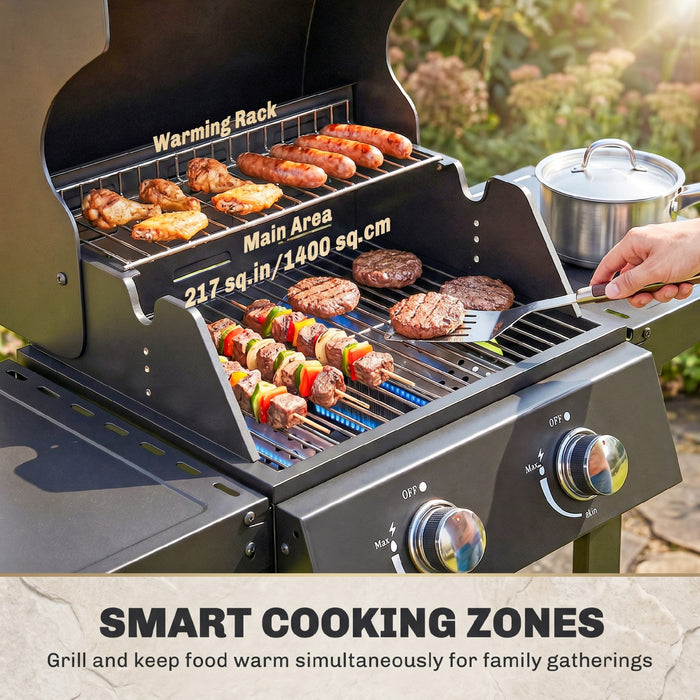 Outsunny 2 Burner Propane Gas Grill, 18,400 BTU Portable Natural Gas BBQ with Foldable Side Shelves, Wheels, Bottom Storage, Built-in Thermometer, Warming Rack, Black