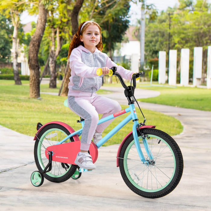 Costway 18\" Kids Bike With Adjustable Saddle Handlebar Removable Training Wheels Handbrake Red