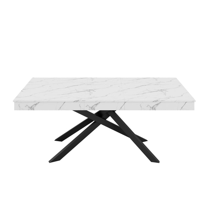 FlexDine 55-71 Inch Rectangular Extendable Dining Table with Cross Legs and Marble Effect Finish, White Marble