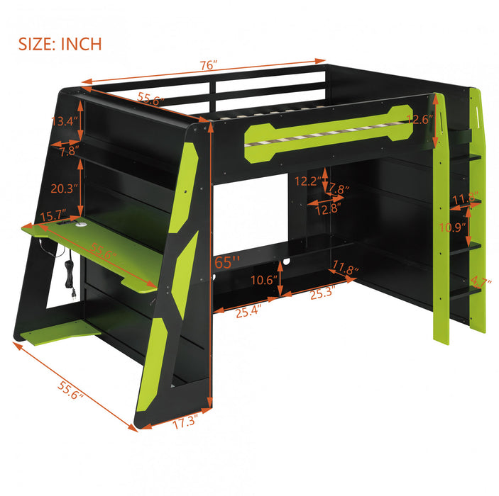 Olivia Wood Loft Bed with Desk and Multi-storage Shelves,RGB Light,Green Full Bed