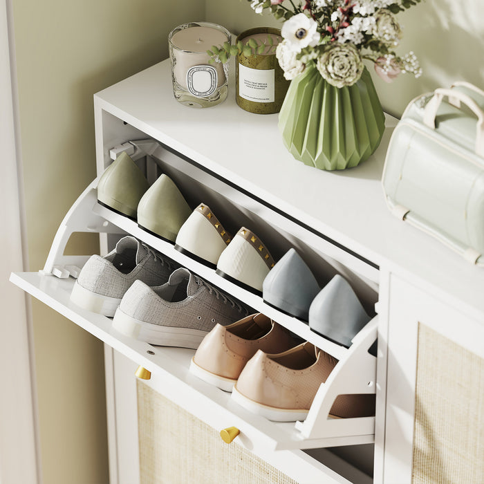 HOMCOM Narrow Shoe Cabinet with 4 Flip Drawers for Entryway Hallway White