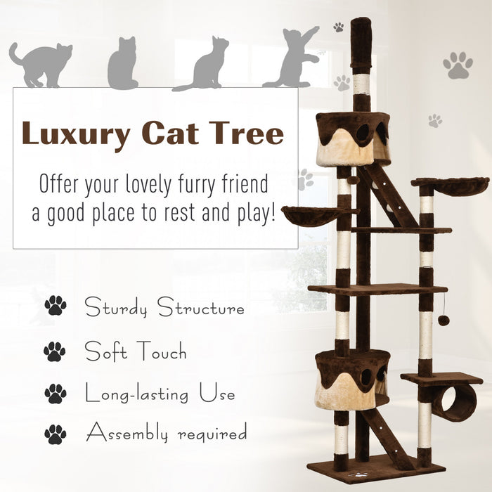 Pawhut 94\"-102\" Huge Cat Tree Ceiling High Cat Condo Scratching Post Activity Center Multi-level Play House Brown