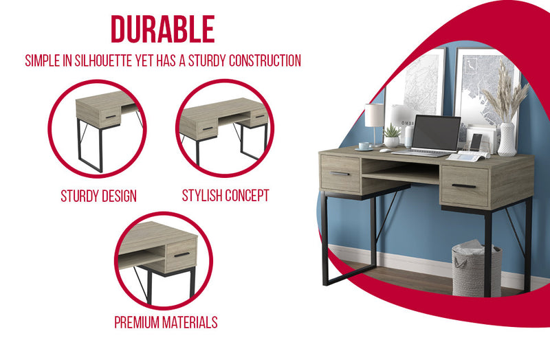 Computer Desk Study Desk For Home Office, Gaming Room 42.5l Dark Taupe 2 Drawers 1 Shelf Black Metal Base