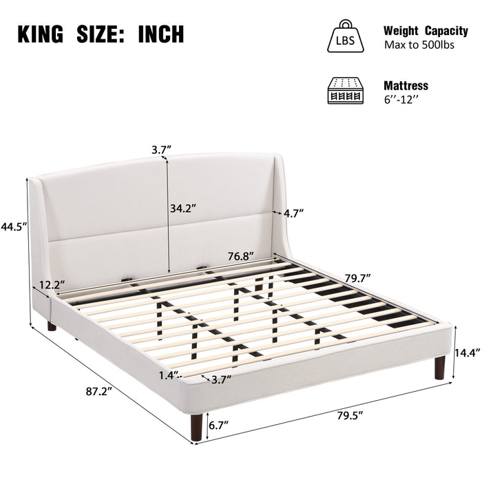Ellison Fabric Upholstered Platform Bed with Wingback Headboard and Wooden Slat,King Size - Beige