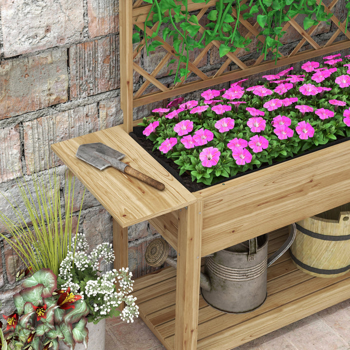 Outsunny Raised Garden Bed With Trellis And Foldable Side Shelves Natural