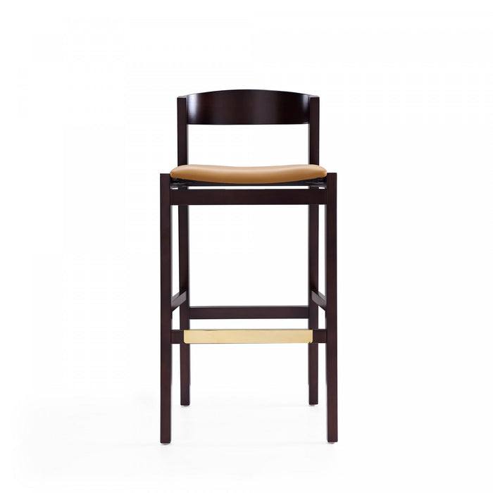 Klismos Mid-Century Modern Wood Upholstered Barstool in Camel - Set of 2