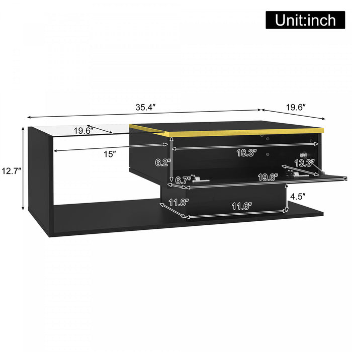 Ethan High-Gloss 35.4\" Long Coffee Table with Glass and LED Effect,Black