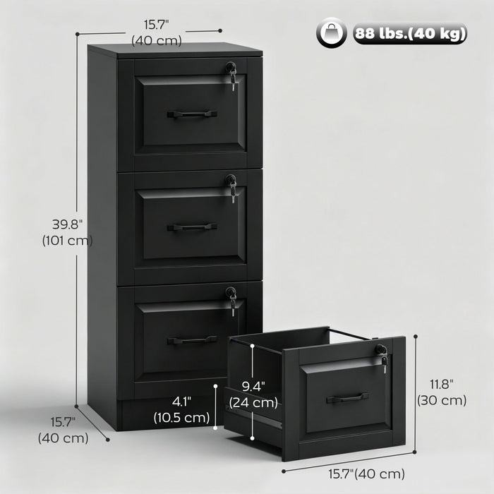 HOMCOM 3 Drawer File Cabinet with Lock, Vertical Filing Cabinet, Black