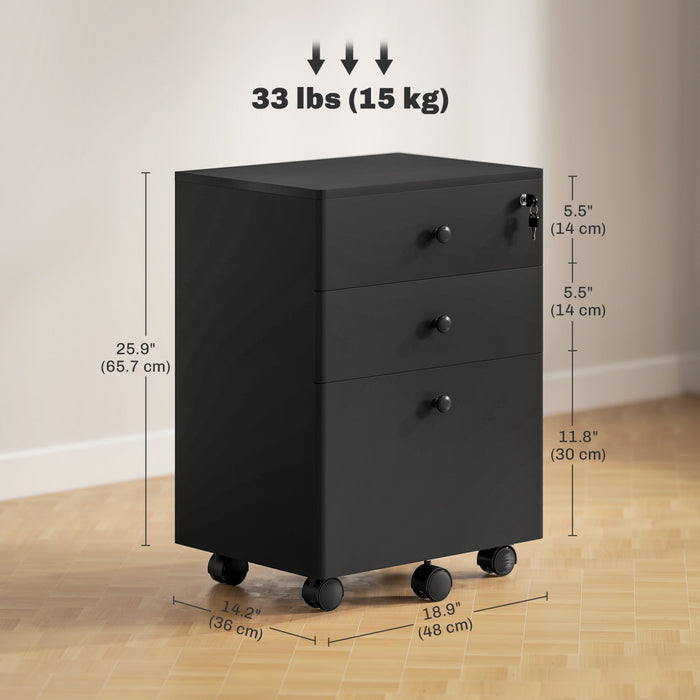 HOMCOM 3-Drawer Filing Cabinet with Lock, Mobile File Cabinet, Black