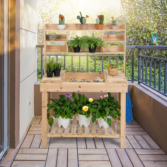 Costway Potting Bench Table Wooden Garden Work Bench Platform With Display Rack Hidden Sink