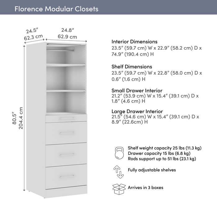 Bestar Florence 25\" Modular Reach-In/Walk-In Closet System Tower with LED Light, Shelves and 4 Drawers Slab Style - White