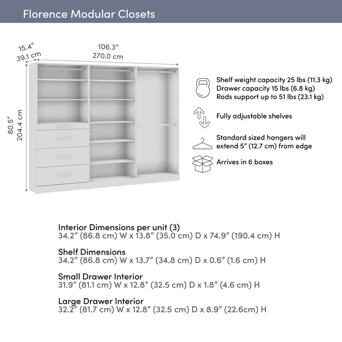 Bestar Florence 107\" Modular Walk-In Closet System with Rods, Shelves and Drawers Slab Style - White