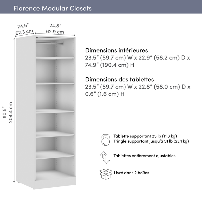 Bestar Florence 25\" Modular Reach-In/Walk-In Closet System with LED Light and Shelves - White