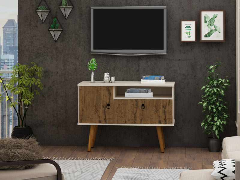 Manhattan Comfort Tribeca 35.43\" Mid-Century Modern TV Stand with Solid Wood Legs - Off White & Natural
