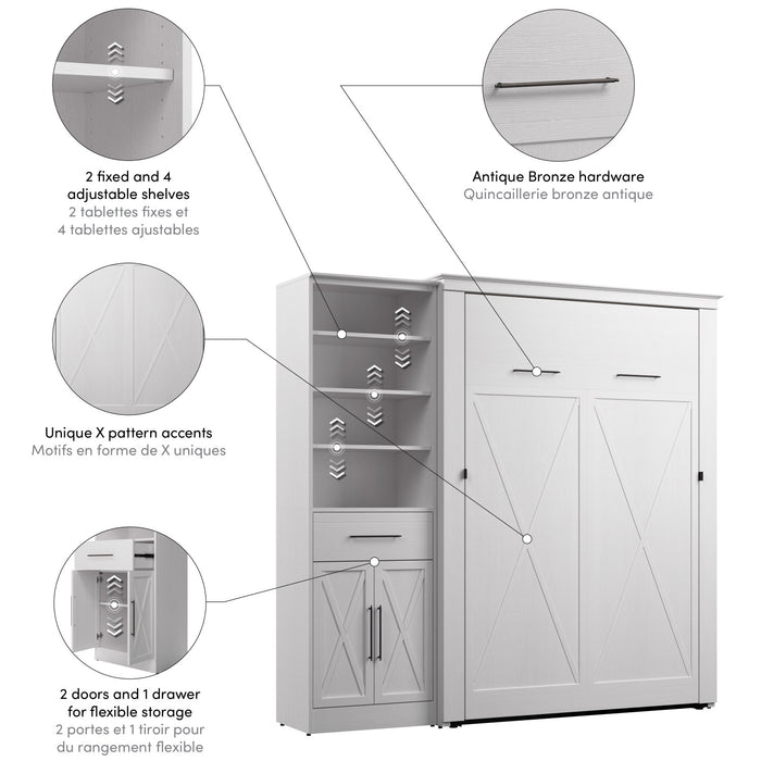 Bestar Key West Full Murphy Bed & Closet Organizer with Drawer & Doors (88 W) - Pure White Oak