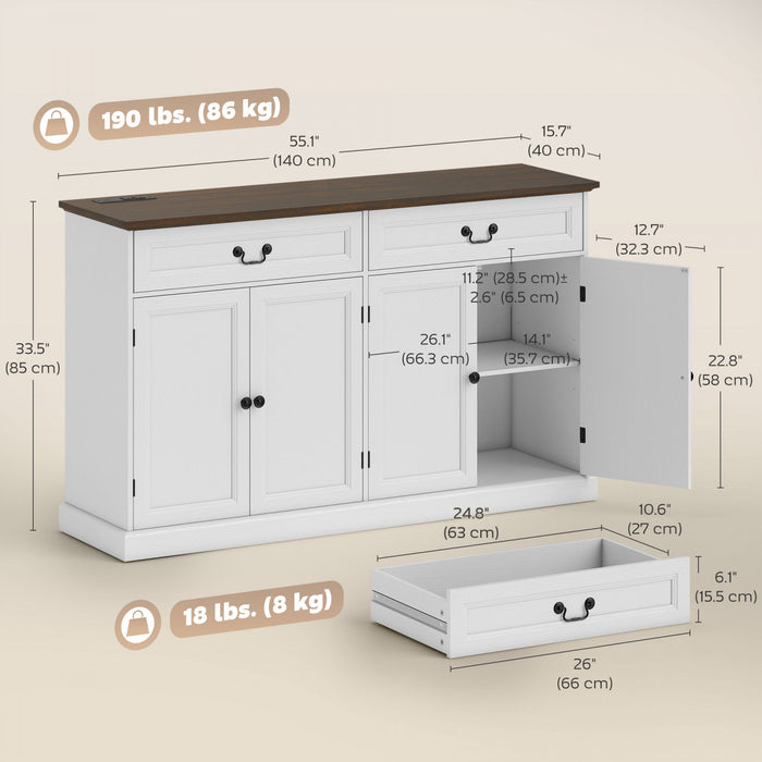 HOMCOM Buffet Cabinet with Charging Station, 55\" Farmhouse Sideboard, White