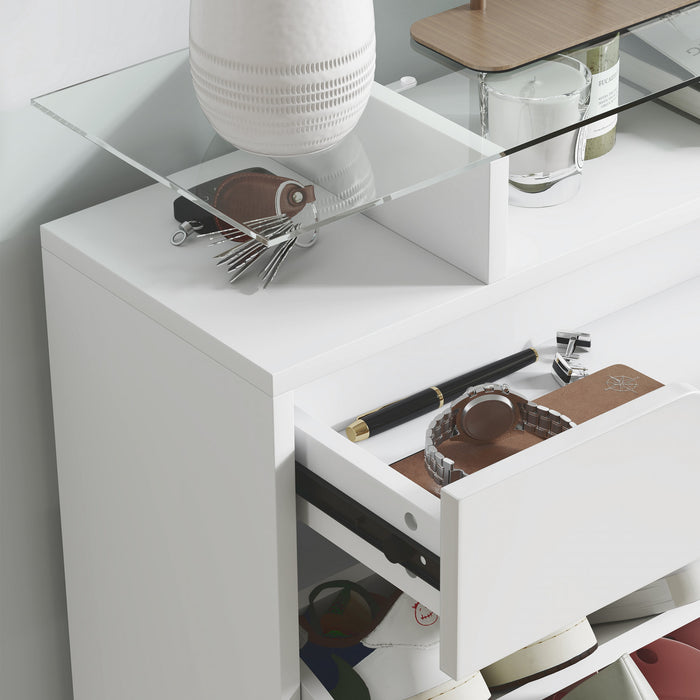 HOMCOM High Gloss Shoe Cabinet with 2 Flip Drawers and Glass Top, White