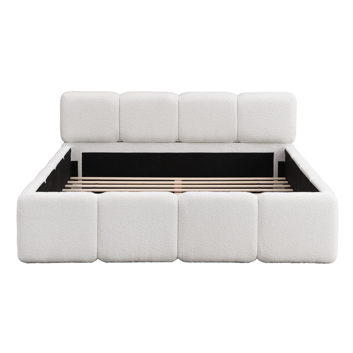 Aiden Platform Bed with Supportive Upholstered Frame in Boucle Fabric,Queen Size,White Queen Bed