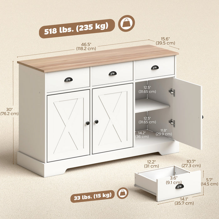 HOMCOM 46.5\" Sideboard Buffet Cabinet with 3 Barn Doors and 3 Drawers White