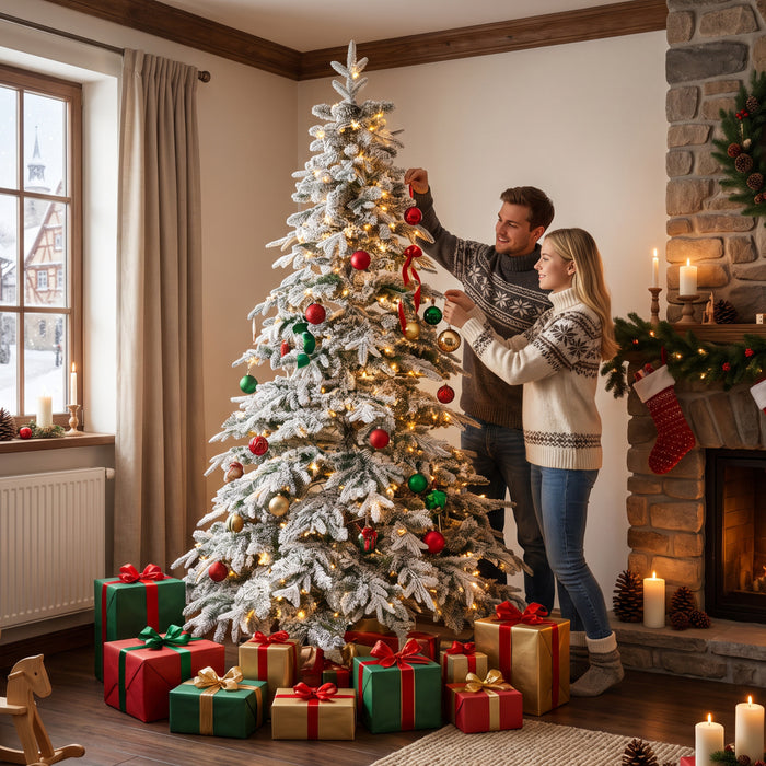 HOMCOM 7ft Prelit Flocked Christmas Tree, Downswept Hinged Xmas Tree