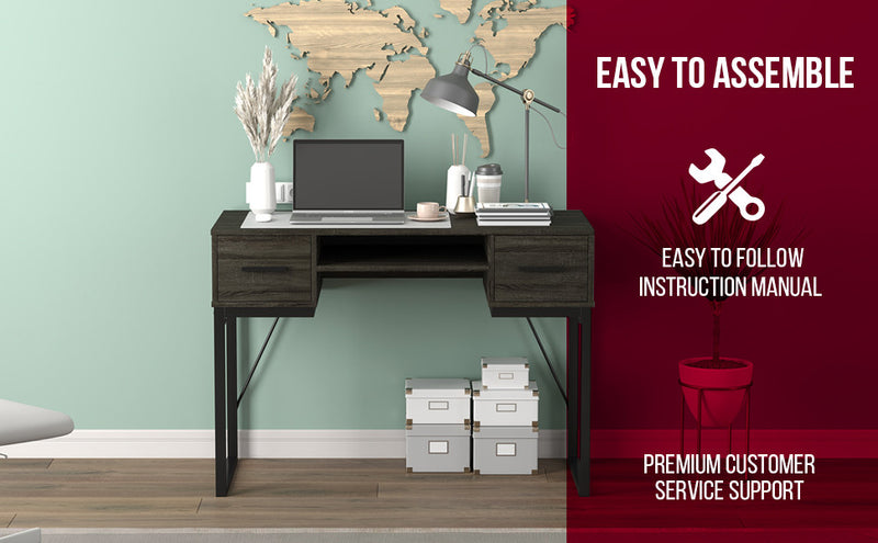 Computer Desk Study Desk For Home Office, Gaming Room 42.5l Dark Grey 2 Drawers 1 Shelf Black Metal Base