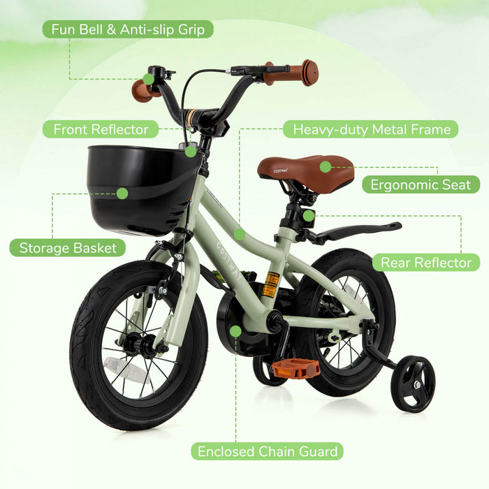 Costway 12\" Kid's Bike With Training Wheels Adjustable Handlebar & Seat Handbrake Green