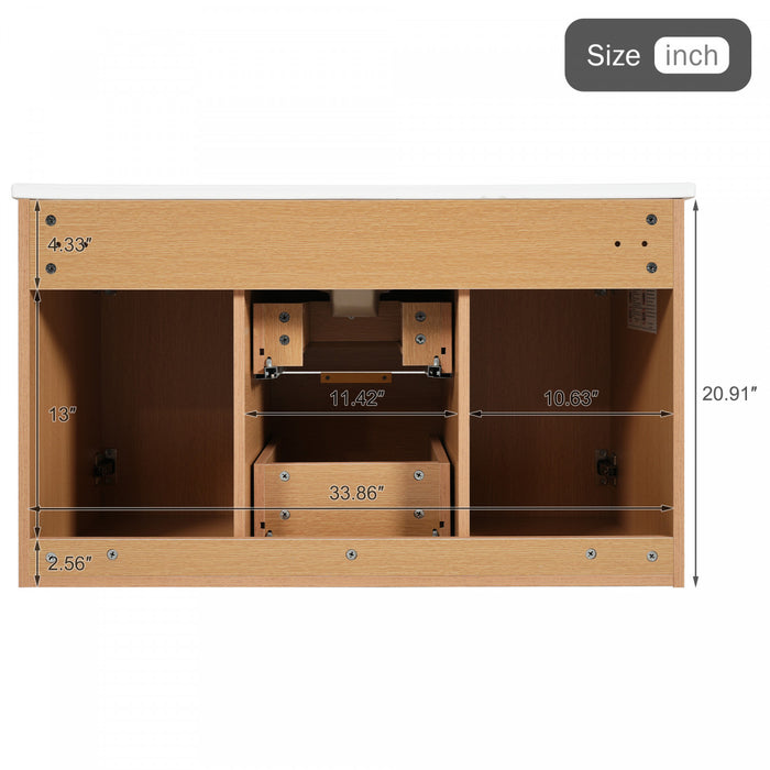 Aiden 36-Inch Wall-Mounted Bathroom Vanity with Soft-Close Storage and Ceramic Sink,Wood