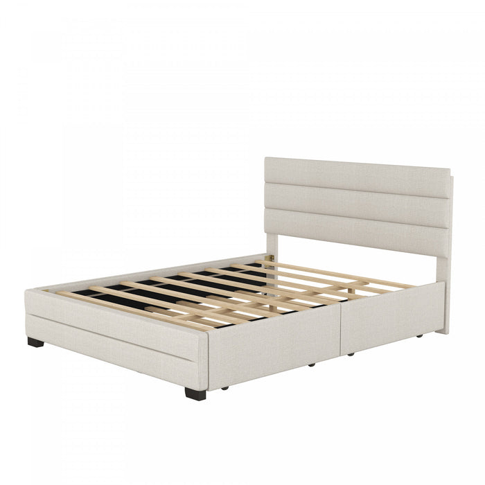 Sophie Linen-look Fabric Upholstered Platform Bed With Trundle And Storage Drawers, Queen Size, Beige