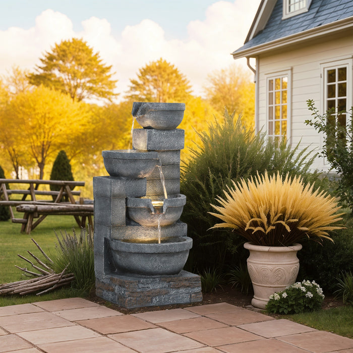 Outsunny Outdoor Water Fountain With Led, Cascading Bowls Waterfall, Grey