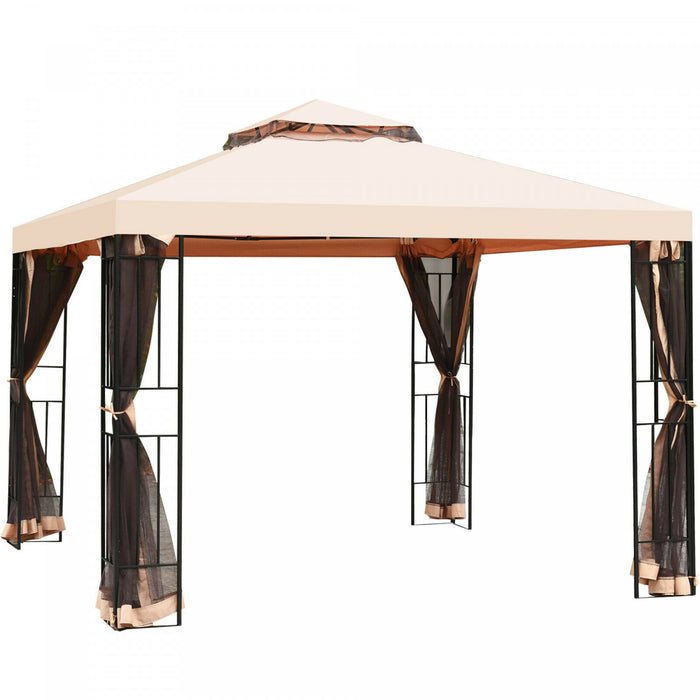 10x10ft Metal Gazebo W/ Mosquito Netting Canopy Gazebo 2 Tier Vented Gazebo Top