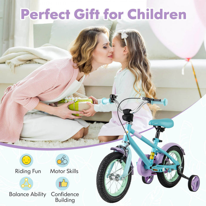 Costway 12\" Kids Bike With Adjustable Saddle Handlebar Removable Training Wheels Handbrake Blue