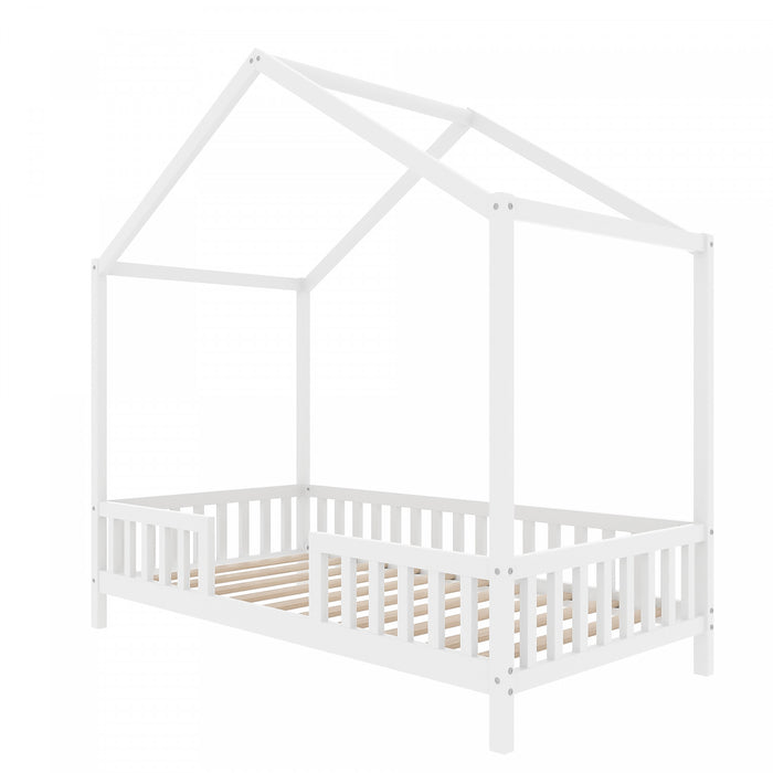 Paul Montessori Floor Bed with Canopy and High Railings,Twin Size，White Twin Bed