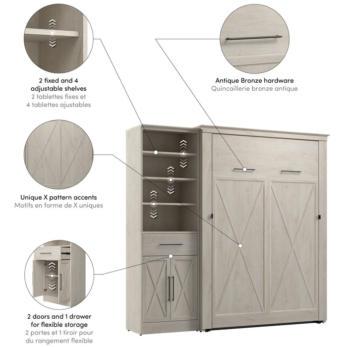 Bestar Key West Full Murphy Bed & Closet Organizer with Drawer & Doors (88 W) - Linen White Oak