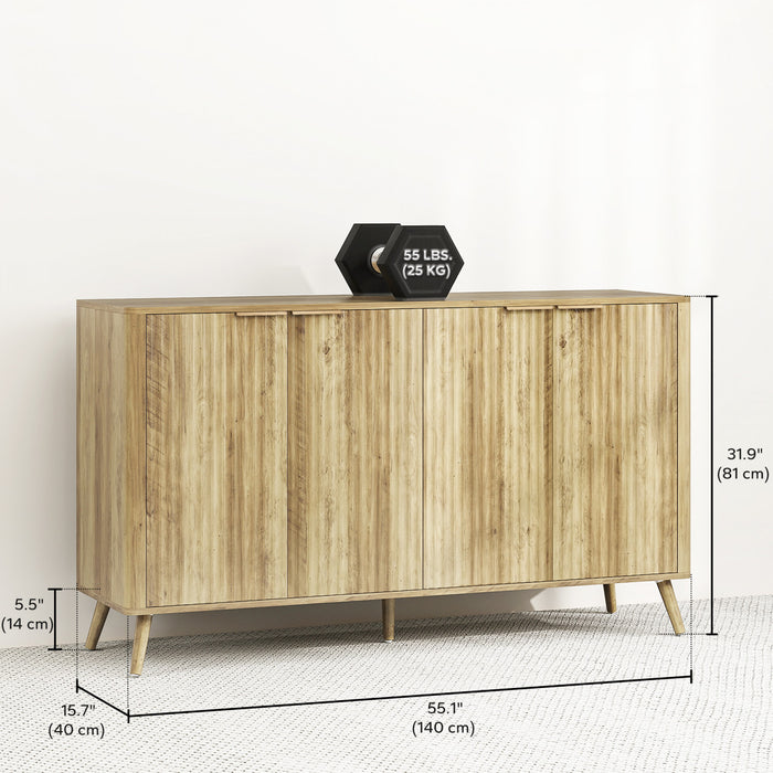 HOMCOM 55\" Modern Sideboard Buffet Cabinet with Storage 4 Fluted Doors Oak
