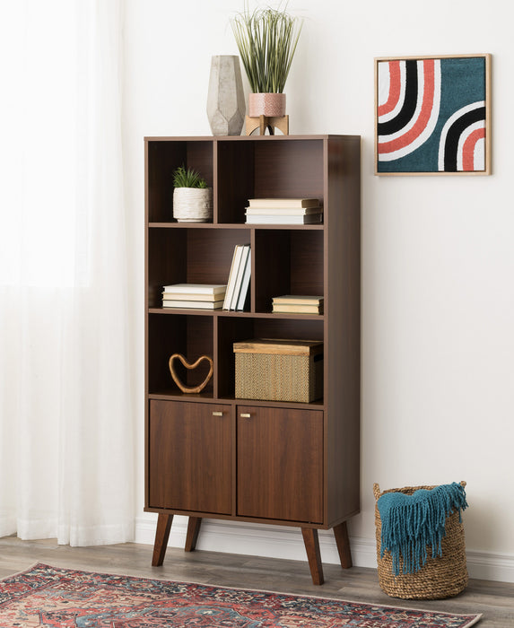 Milo Mid-Century Modern Bookcase with 6 Shelves, 2 Doors & Brushed Brass-Finished Knobs - Cherry