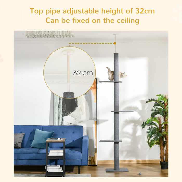 Pawhut 100\" Floor To Ceiling Cat Tree W/ 3 Perches Activity Center For Kittens Cat Tower Furniture, Grey