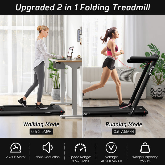 Superfit 2.25hp 2 In 1 Dual Display Folding Treadmill Jogging Machine W/app Control Black
